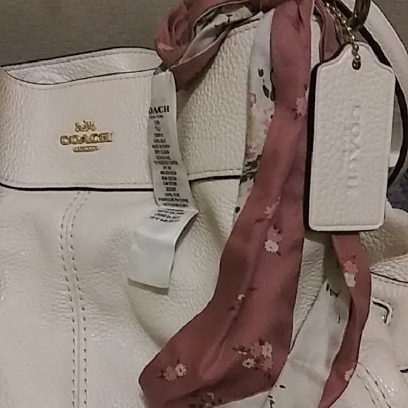 Coach Cream Leather Shoulder Bag with Floral Pink Scarf - Picture 1 of 5